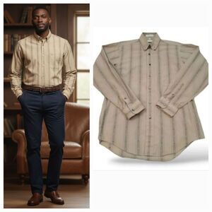 Vintage Christian Dior Embroidered Square Striped Button Down Tan Shirt Size Med